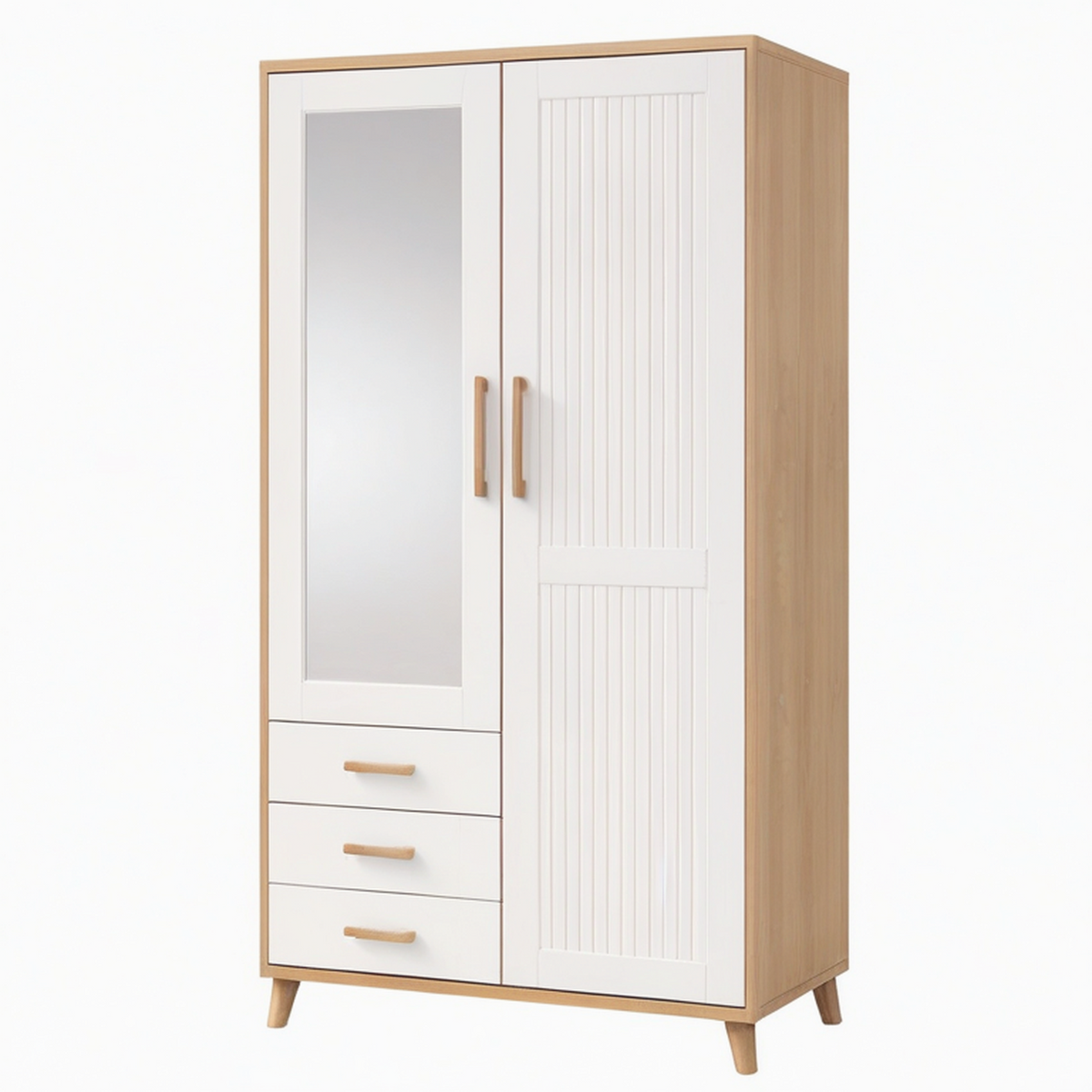Armadio in MDF con Specchio e Cassetti Bianco/Naturale 180x80x50 cm