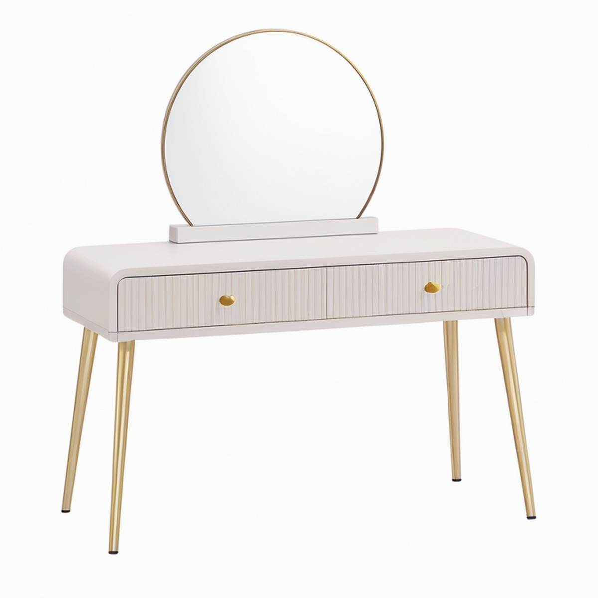 Tavolo da Toeletta con Specchio Rotondo in MDF e Gambe in Metallo, Bianco e Oro