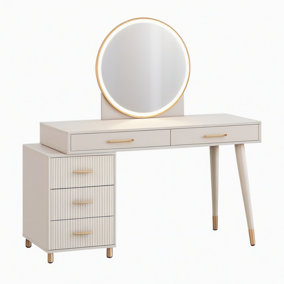 Tavolo Toeletta in Legno con Specchio Rotondo LED, 4 Cassetti, Bianco e Dorato