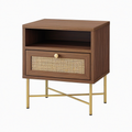 Comodino in Legno di Noce e Rattan con Gambe in Metallo Dorato