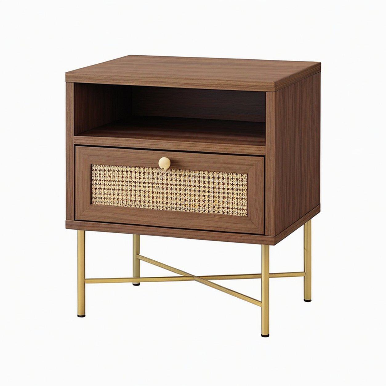 Comodino in Legno di Noce e Rattan con Gambe in Metallo Dorato