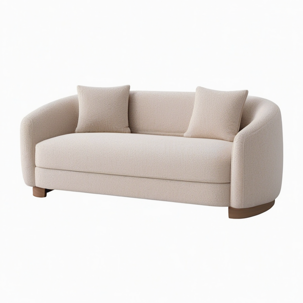 Divano curvo in tessuto bouclé beige con cuscini