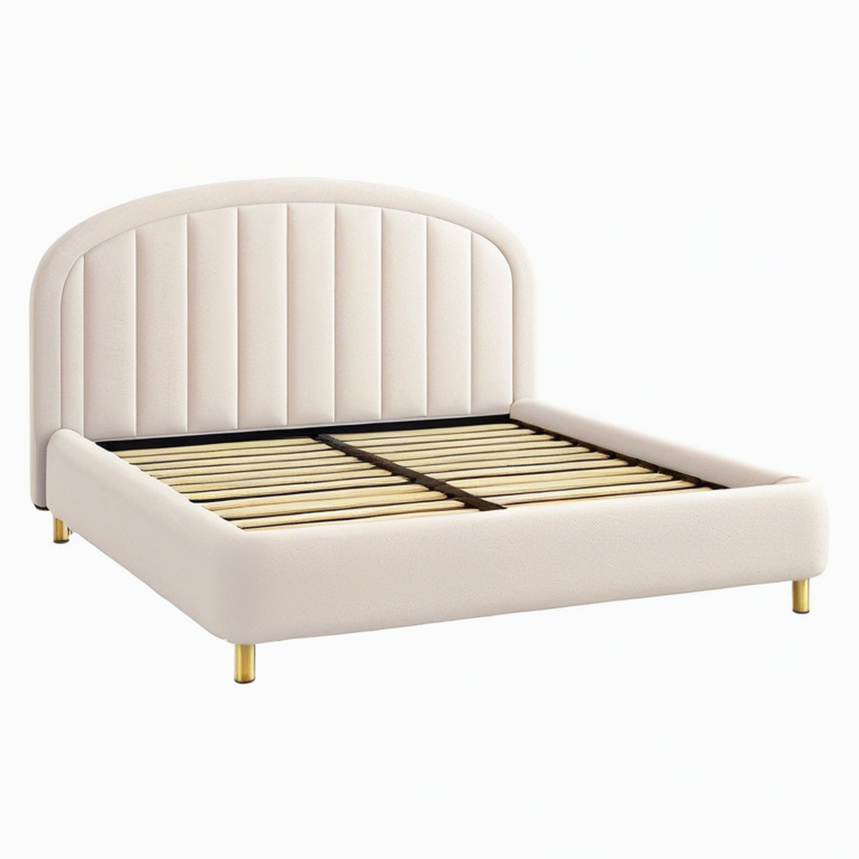 Letto matrimoniale in legno e tessuto poliestere beige