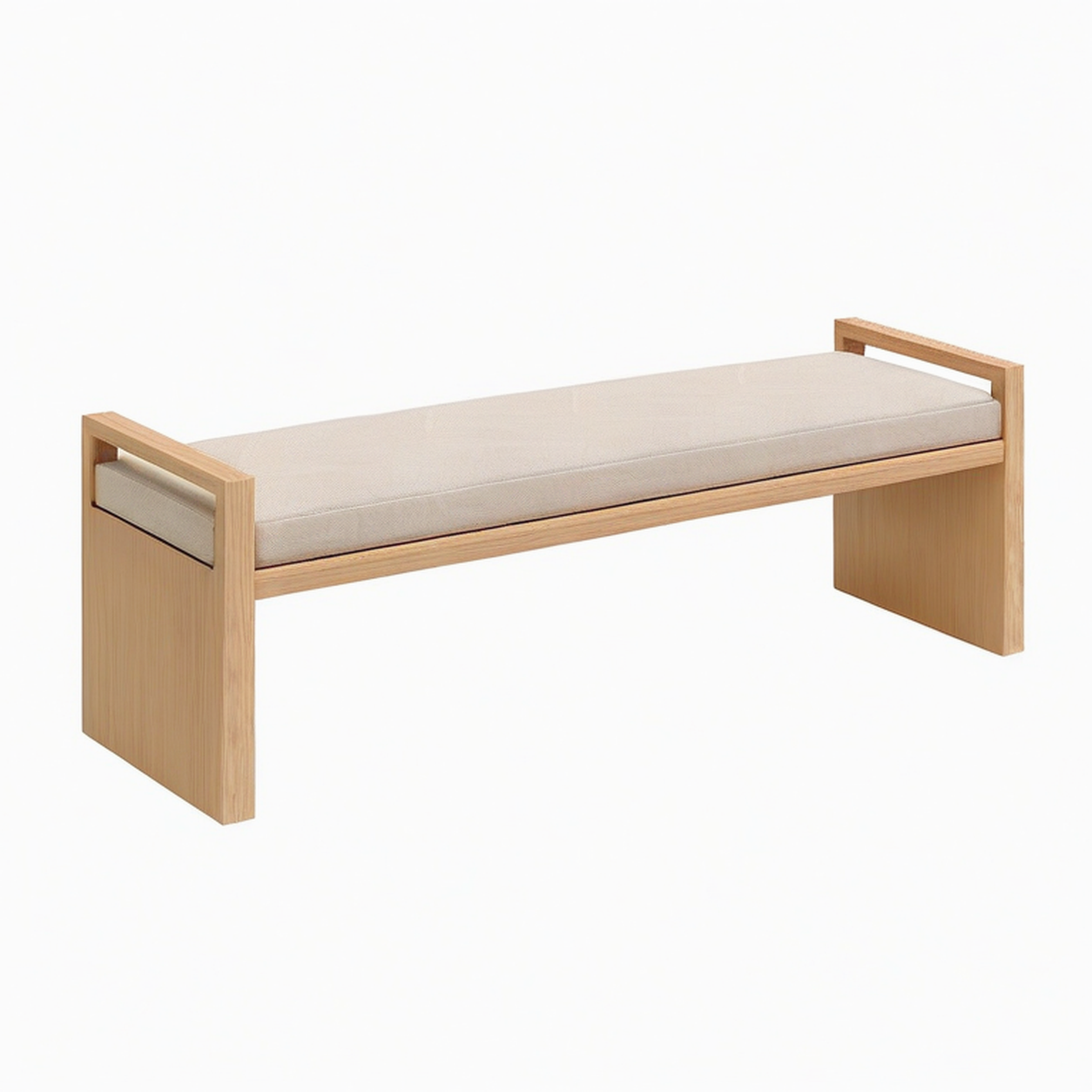 Panca in legno e tessuto beige con struttura in quercia