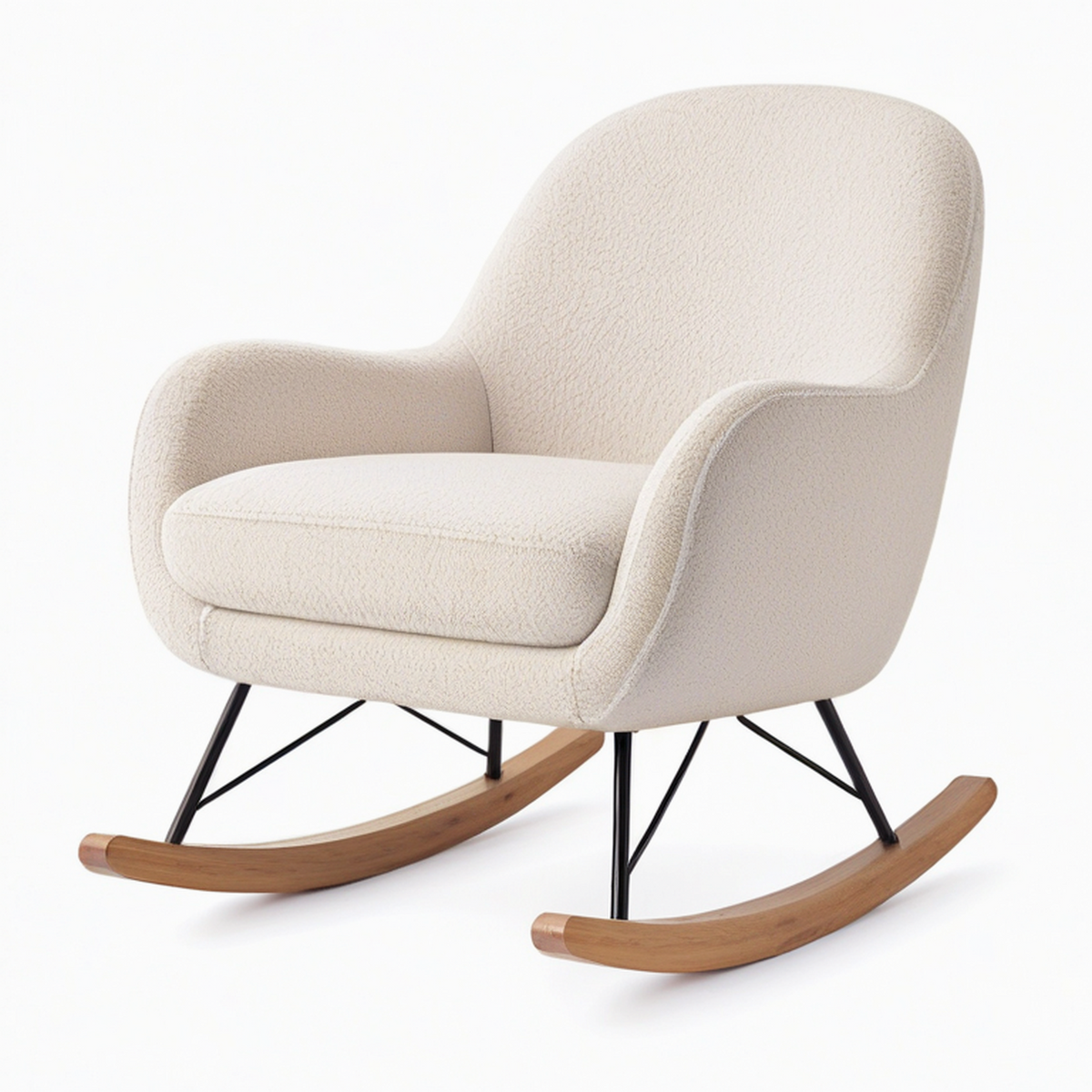 Sedia a dondolo in tessuto bouclé con struttura in metallo e legno crema
