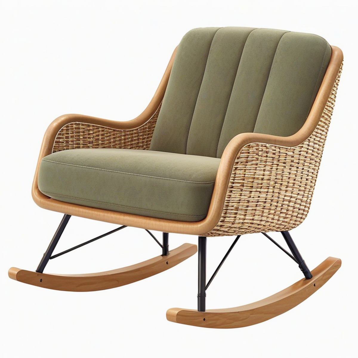 Sedia a dondolo in legno e rattan con cuscino in cotone verde