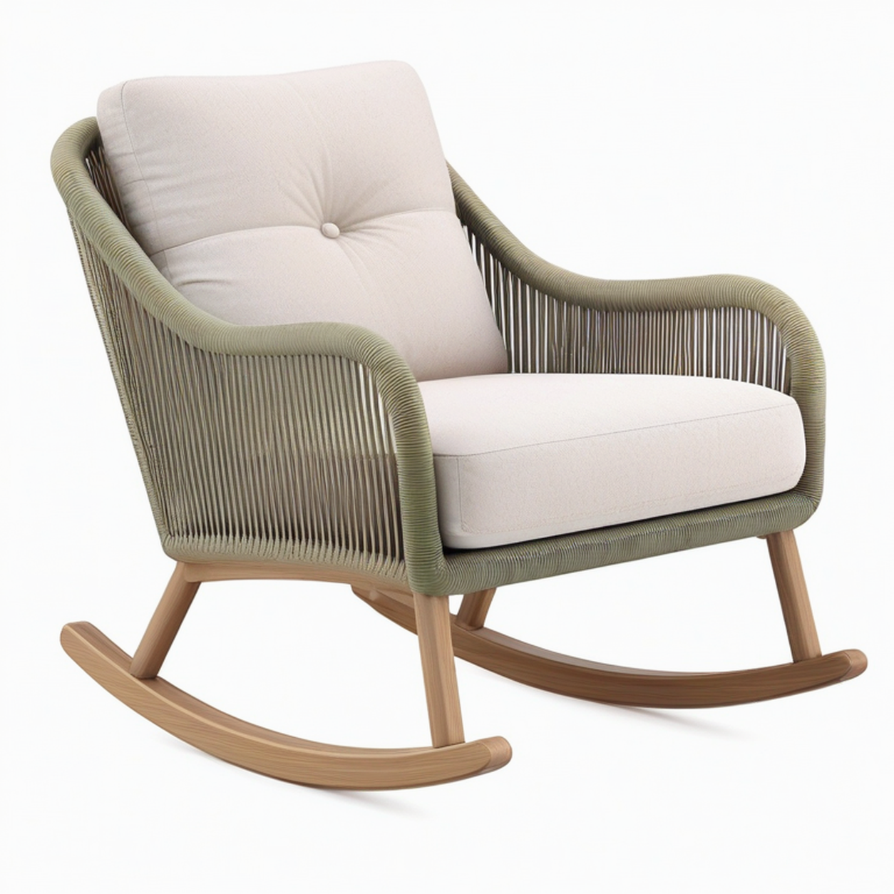 Sedia a dondolo in legno e corda verde beige