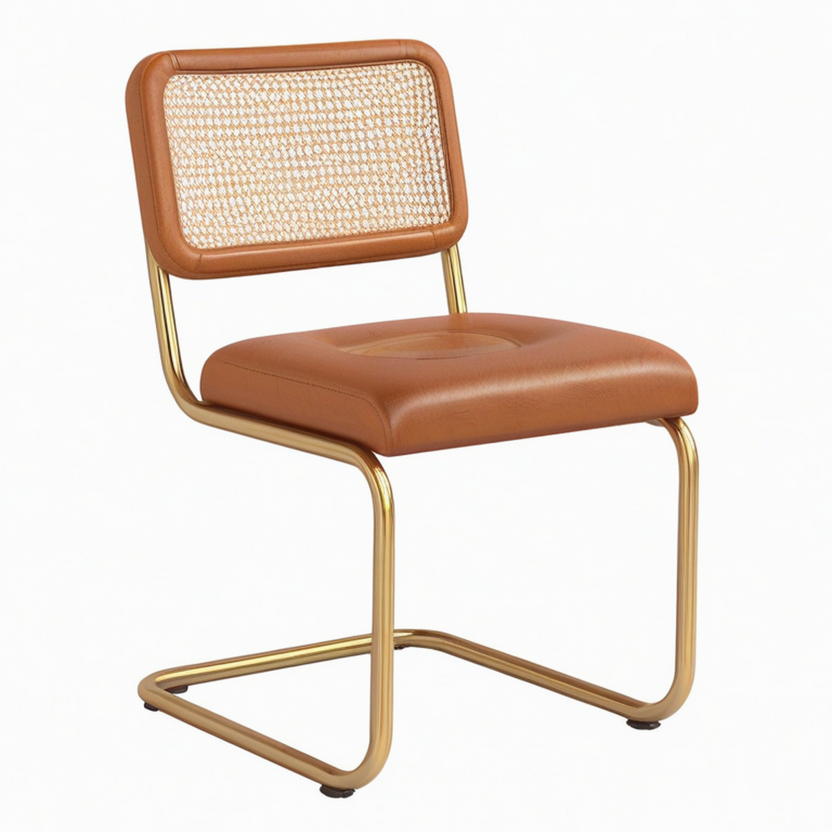 Sedia in metallo dorato con seduta in similpelle marrone e schienale in rattan